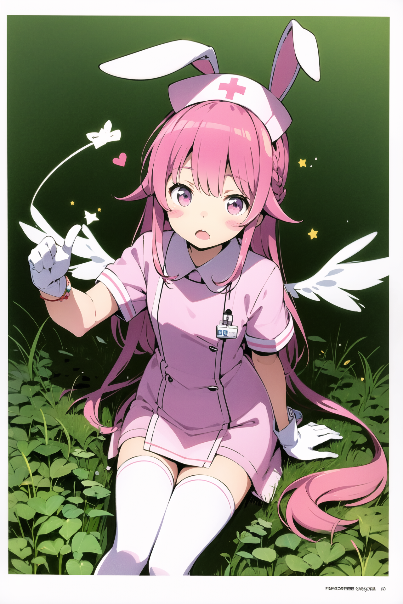 06914-518536601-1girl, animal ears, blush stickers, rabbit ears, pink hair, gloves, thighhighs, hat, open mouth, nurse cap, pink eyes, ahoge, so.png